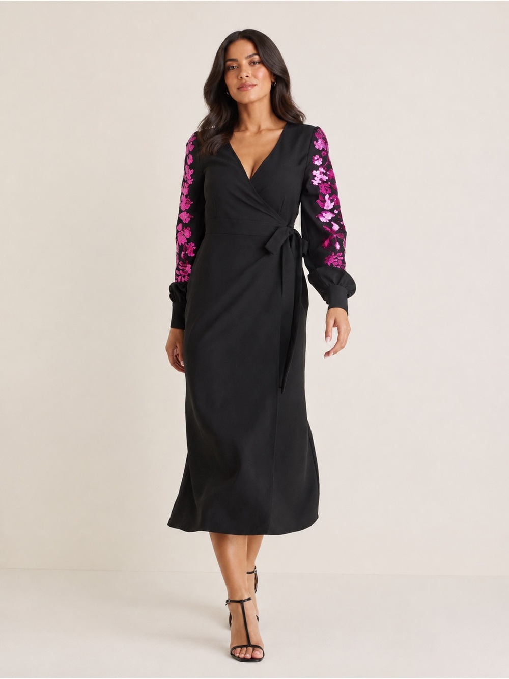 VENUS Black Wrap Midi Maxi Dress Pink Sequin Floral Long Sleeve Formal Gown